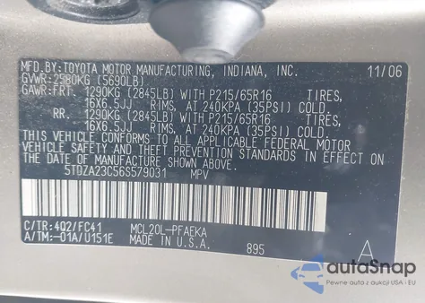 2006 Toyota Sienna Le из США, поврежденный, VIN 5TDZA23C56S579031